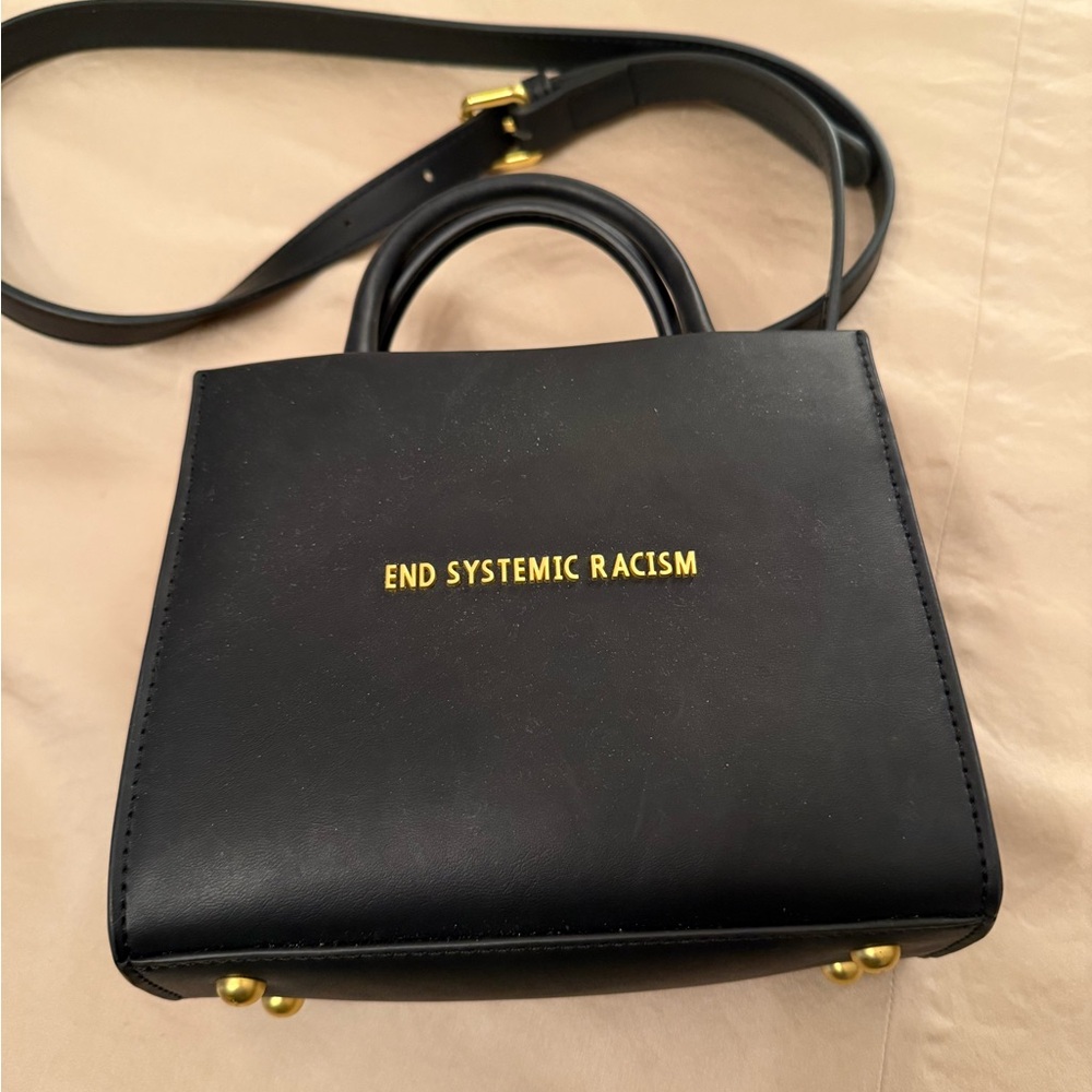 Black Structured Shoulder Bag with Gold Accents